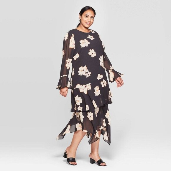 Who What Wear Floral Print Long Sleeve Boat Neck Tiered Ruffle Hem a-Line MIDI D - Picture 1 of 4